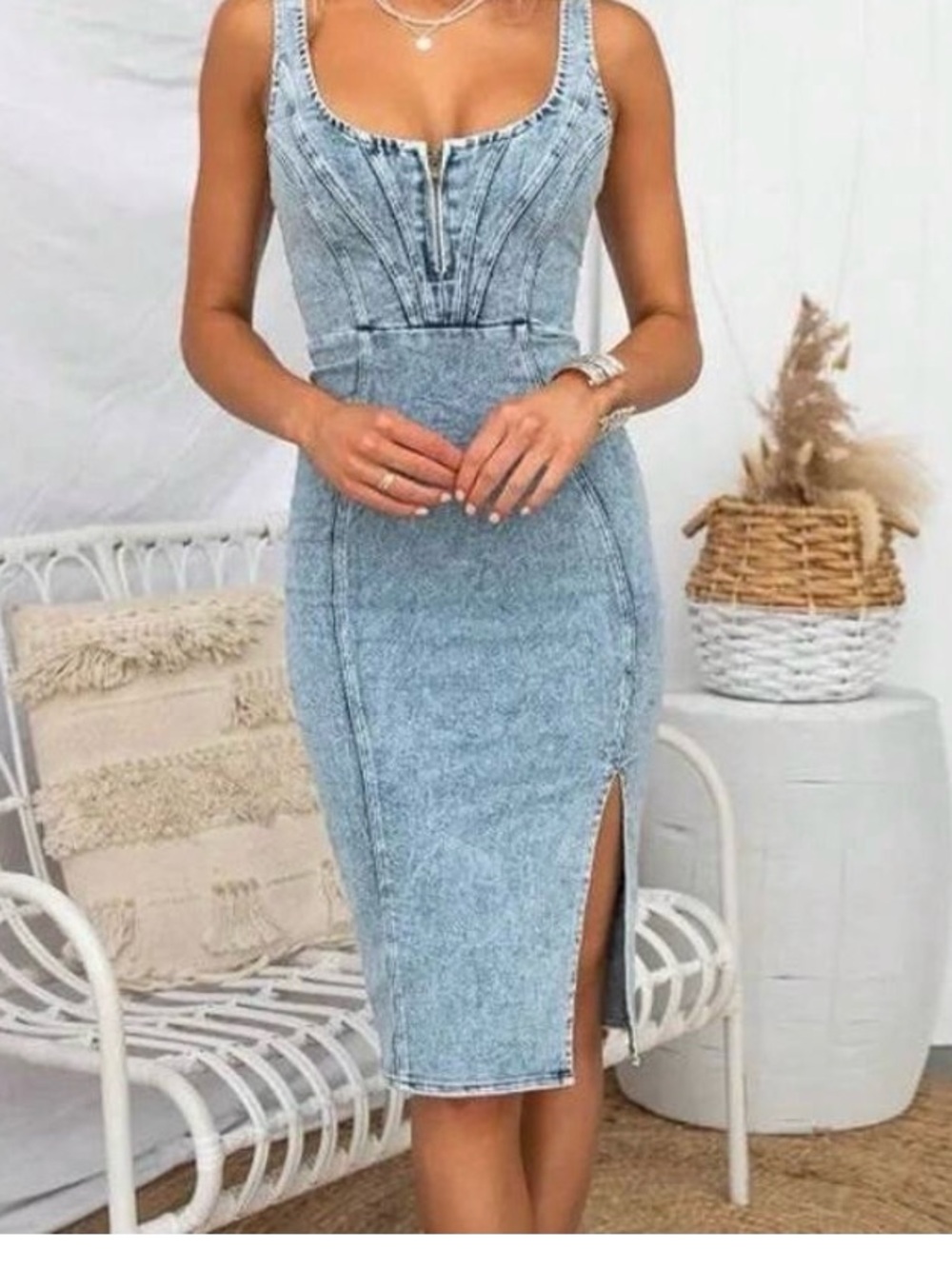 Zipper Ftont Scoop Neck Denim Midi Dress in Light Blue - Picture 1 of 4
